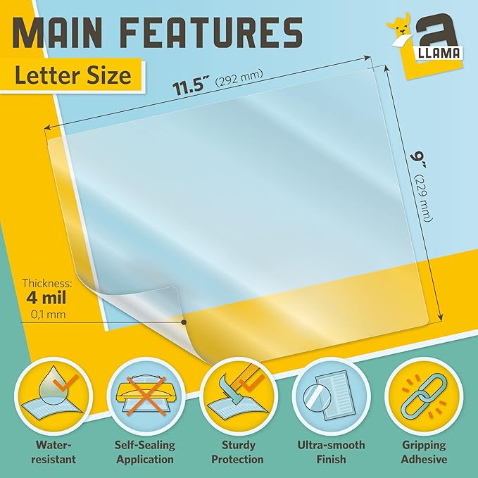 Self Adhesive Laminating Sheets, 9 x 11.5 Inches, 4 Mil Thick, Suited for Letter Size Self Sealing Lamination Sheets 8.5 x 11, 10 Pack