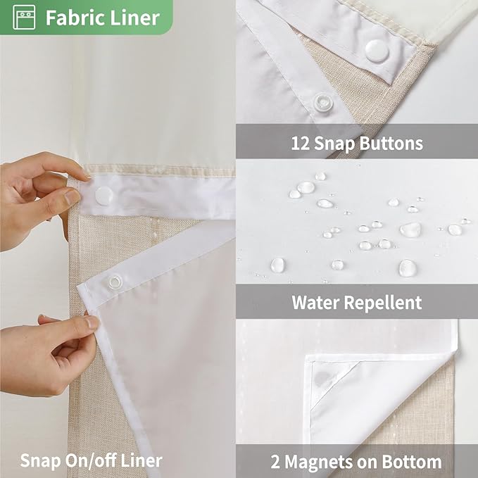 No Hook Extra Long Shower Curtain Set with Snap-in Liner,Linen Textured Thick Striped Fabric with Tassels,Boho Chic Modern Farmhouse Bathroom Curtain,Water-Repellent,Cream/Beige,71x86