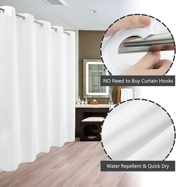 Extra Long No Hook Shower Curtain or Liner Soft Microfiber - Fabric Shower Curtain Liner Set, Machine Washable & Water Repellent, White, 71x98