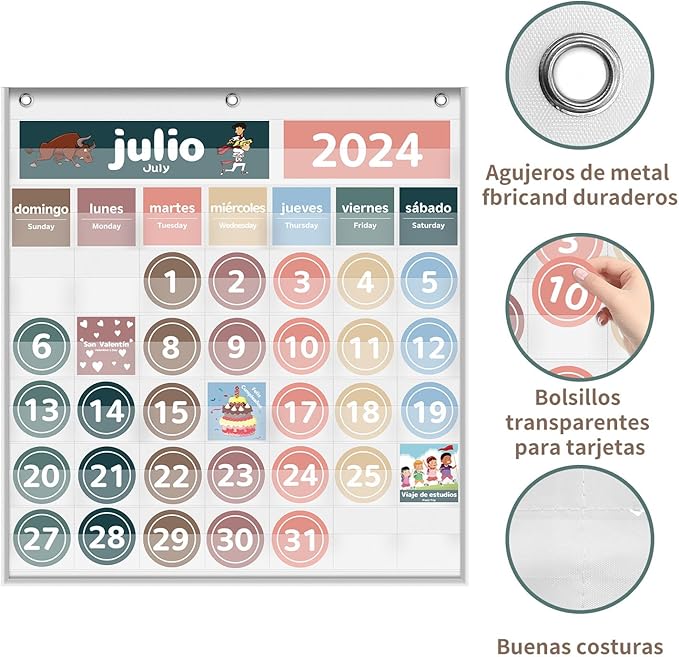 Monthly Calendar Pocket Chart for Classroom, Printed Days of The Week with Cards, Learning for Home or Kindergarten, Teacher Must Have Supplies That Fits Any School Décor (Spanish White)
