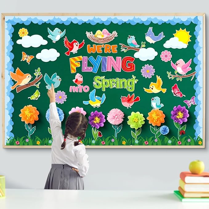 Blosssound 82 Pcs We're Flying into Spring Bulletin Board Set Spring Floral Bird Cutouts with 3D Tissue Paper Pompoms Colorful Bird Classroom Decorations for School Home Decor Supplies