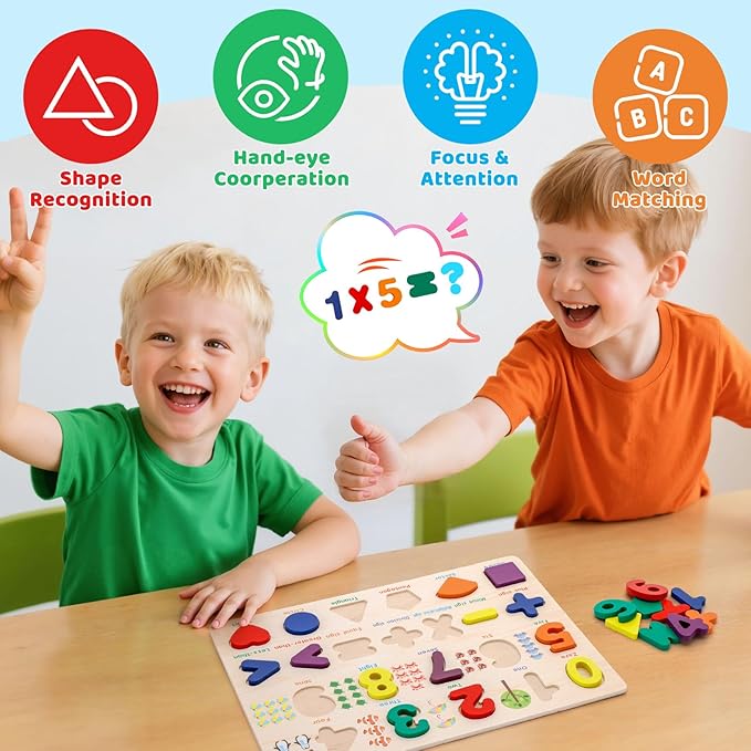 Number Puzzle Wooden Puzzles for Toddlers, Shape Learning Puzzles Toddler Toys with Puzzle Board & Letter Blocks, Preschool Educational for Girls Boys, Pattern Number