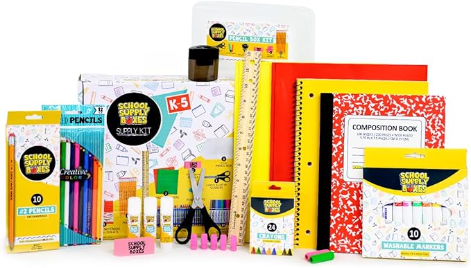 School Supply Boxes | K-5 Pallet (180 Boxes) | Back to School Essentials Kit for Students & Teachers | Includes Wide-Ruled Paper Products, Crayons, Markers, Colored Pencils, & More