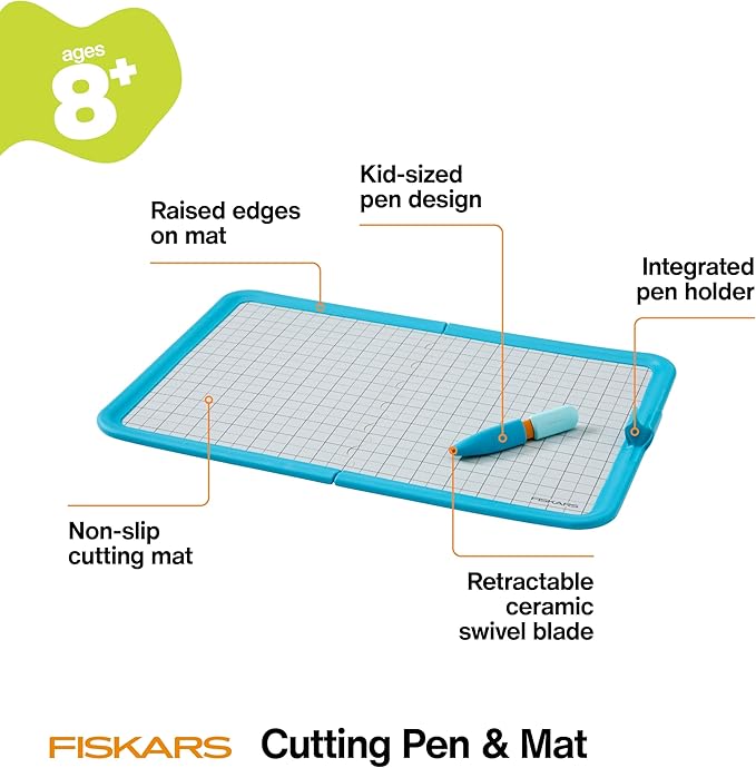 Fiskars Kids Cutting Pen with Foldable Non-Slip Mat – Safe Precision Tool for Crafting and School Projects