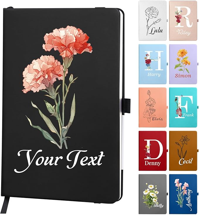 Personalized Journal Notebook with Colorful Birth Flower, Your Name/Text - A6/A5 192 Lined Pages Customizable Notebooks for Work School Business Church Gift for Birthday Graduation