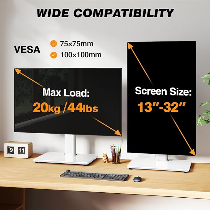 TAVR Furniture Single Monitor Stand VESA Mount for 13-32 Inch Screens, Free-Standing Monitor Riser with Swivel Tilt Rotation Height Adjustable, Universal Desk Stand up to 44lbs, White