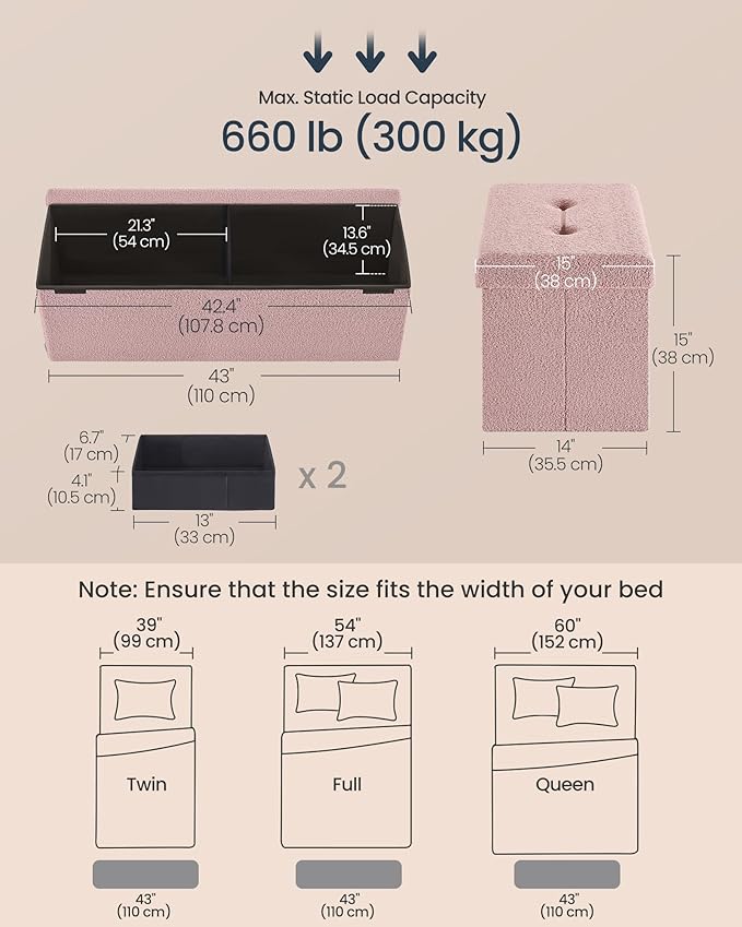 SONGMICS Storage Ottoman Bench, Storage Chest, 15 x 43 x 15 Inches, Foot Rest Stool, End of Bed Bench, Load up to 660 lb, for Living Room, Bedroom, Entryway, Jelly Pink ULSF097R01