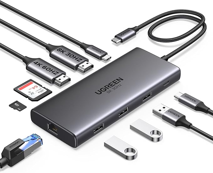 UGREEN Docking Station 10 in 1 Revodok Pro 210 USB C Dock Dual HDMI 4K@60Hz Single 8K@30Hz 100W PD 5Gbps USB C and USB A Data Ports Gigabit Ethernet, SD/TF Card Reader USB Hub Compatible for HP, Dell