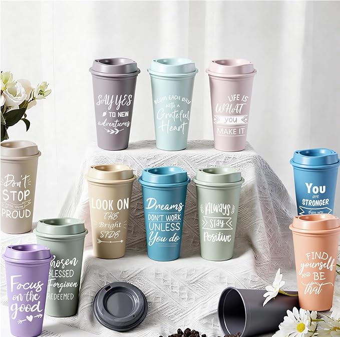 12 Pcs Inspirational Gifts for Employee Coworkers Staff Teammate, 16oz Reusable Plastic Coffee Cups with Positive Sayings, Bundle Gifts for Woman Man Coworker (Light Morandi,Inspirational)