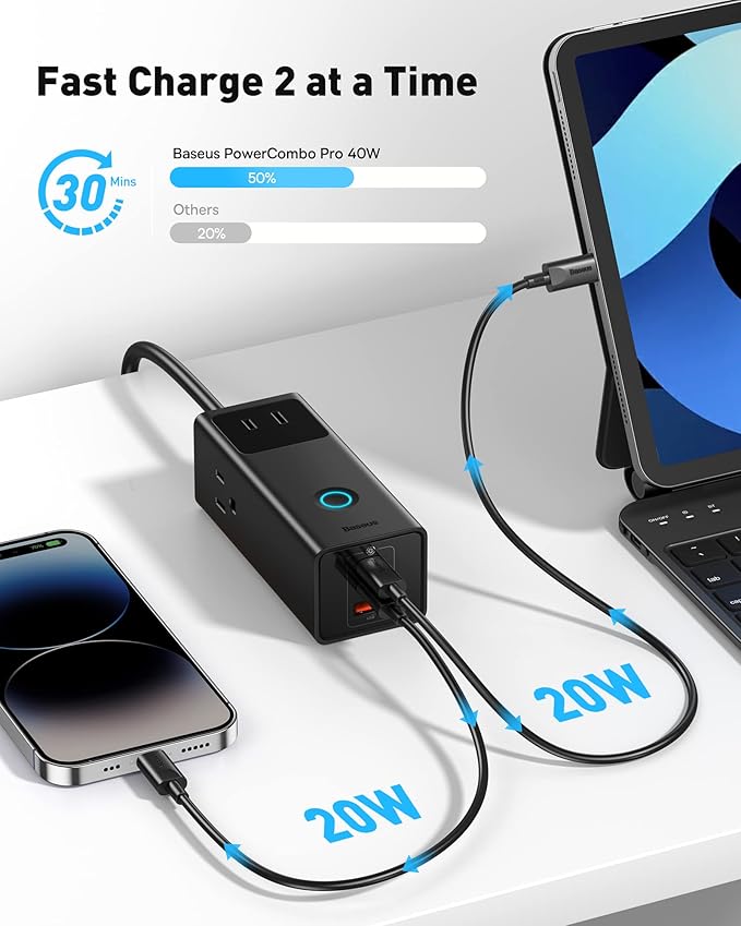 Baseus Power Strip PD40W USB C Charger Extension Cord with 3 AC Outlets & 3 USB Port Fast Charging Charging Station for Office Dorm Room Home