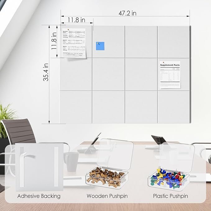 MaxGear Large Cork Board for Wall 48" x 36" White Bulletin Board, 12 Pack Felt Wall Tiles with Pushpins, Cork Boards for Office Pin Board Tack Board for Photo Meno Decor