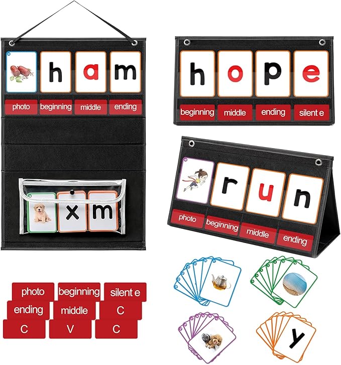CVC Word Builder Desktop Pocket Chart with 107 Phonics Flash Cards, Kids Word Builder Games for Learn to Read CVC CVCC CCVC Words, Phonics Learning Tool for Preschool Kindergarten Classroom.