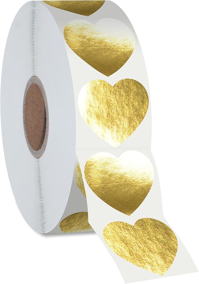 500 Golden Heart Stickers, Metallic Golden, Waterproof Reflective Heart Stickers - Love Decorative Labels for Wedding, Valentine's Day Supplies (1' Each)