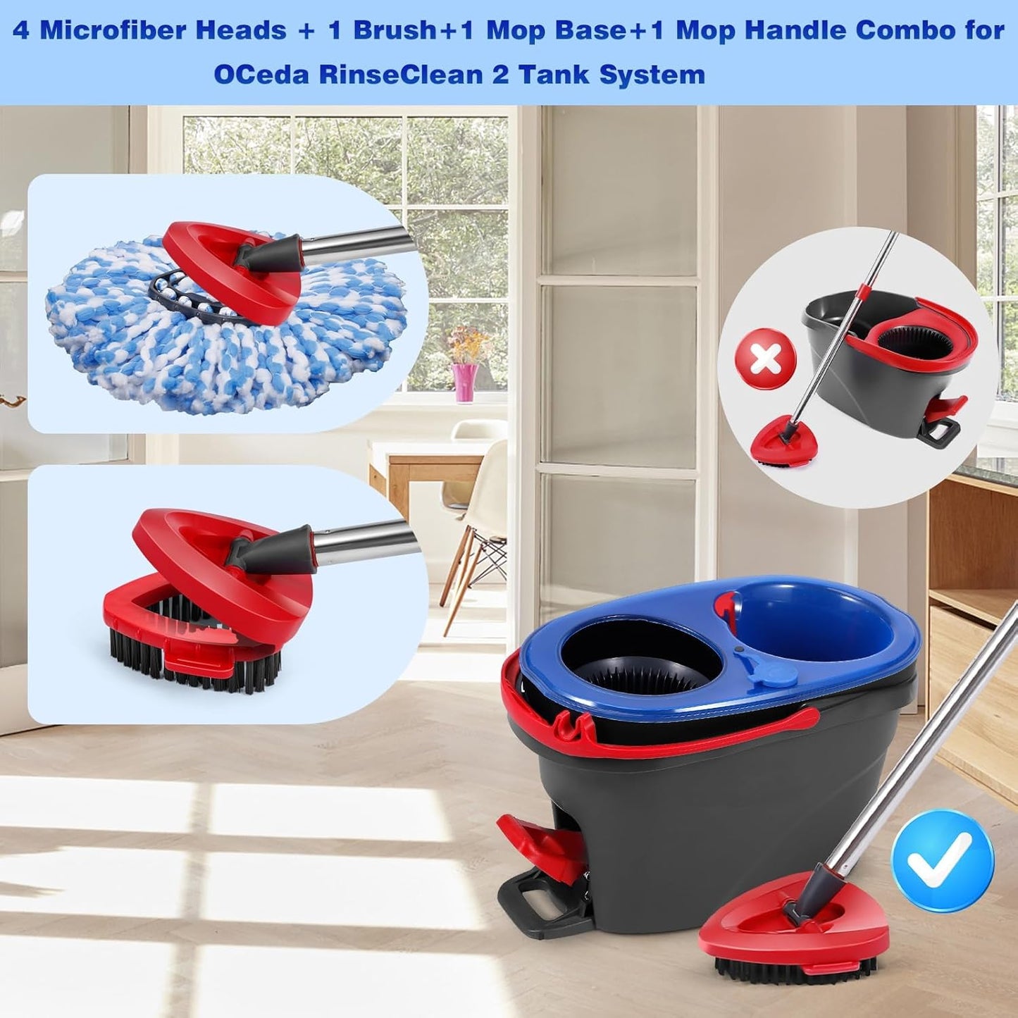 4 Pcs Mop Replace Heads & 1 Scrub Brush & 1 Base Combo for Ocedar Easywring 2-Tank System Microfiber Spin Mop Replacement Head,Machine Washable for Bathroom,Kitchen,Tub and Tile(Blue)