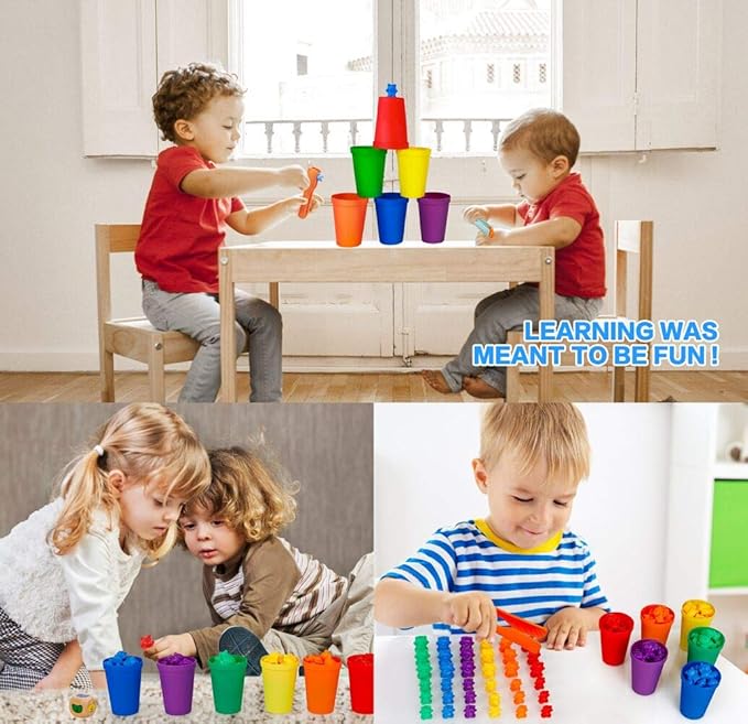 NEOROD Counting Bears - 90 Pcs Color Sorting Toys for Toddlers 1-3 & Preschool Learning Toys with Stacking Cups,Math Manipulatives with 2 Tweezers, 2 Dices, 12 Activity Cards & Storage Container