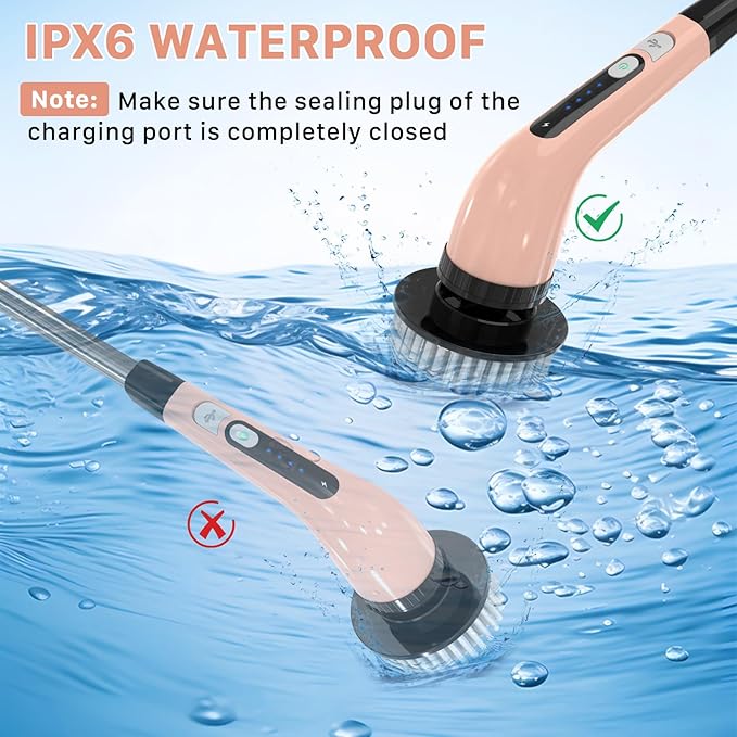 Electric Spin Scrubber, Cordless Cleaning Brush, Shower Scrubber with 7 Replaceable Brush, 2 Speeds and Adjustable Extension Handle for Bathroom Shower Bathtub Glass Car(Pink)