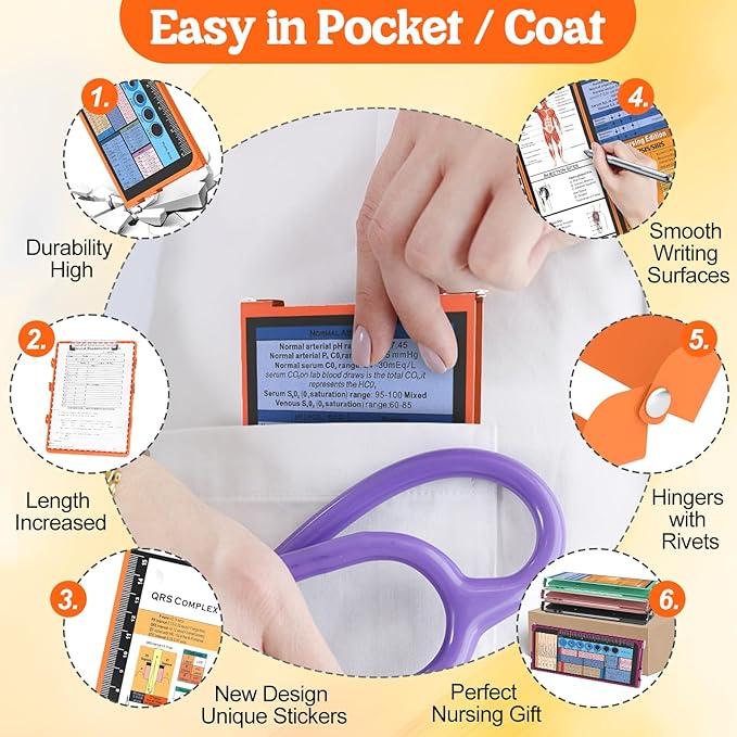Nursing Clipboard Foldable-4 Layers Aluminum Nurse Foldable Clipboard Nursing Medical Edition Cheat Sheets, Pocket Size Pen Clip for Nurses Students School and Doctors-Orange Christmas Gifts Idea