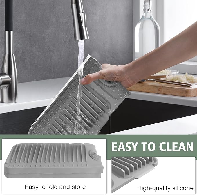 24-Inch Kitchen Sink Splash Guard Mat | 7° Slope for Fast Self-Draining | Snap-Lock Design | Universal & Cuttable Silicone Faucet Mat Gray