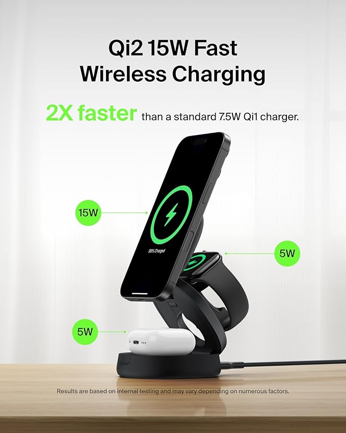 Belkin MagSafe Charger Compatible, 3-in-1 Qi2 15W Wireless Charging Station, Convertible Wireless Charger for iPhone 17, Apple Watch, AirPods, Pixel 10, Phone Stand for Travel w/ 36W Adapter - Black
