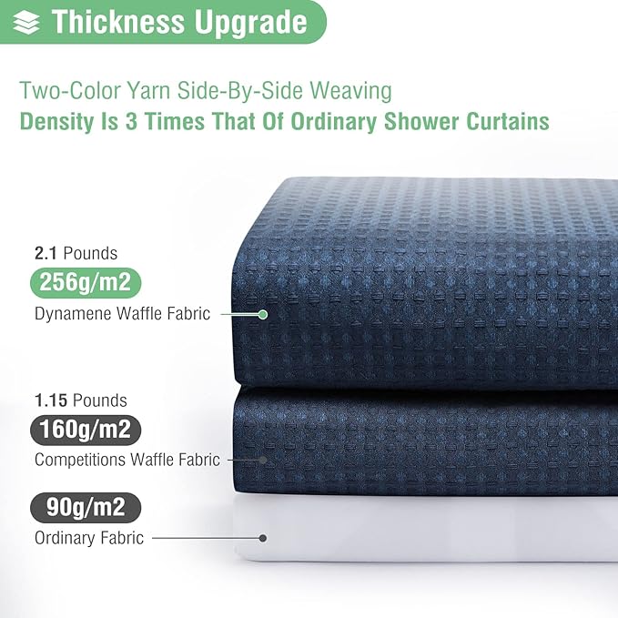 Dynamene Extra Wide Shower Curtain-108 Inch Wide Waffle Weave Weighted Thick Cloth Bathroom Shower Curtain, Neutral Heavy Duty Hotel Bath Curtain Set with 18 Plastic Hooks,108x72, Navy Blue