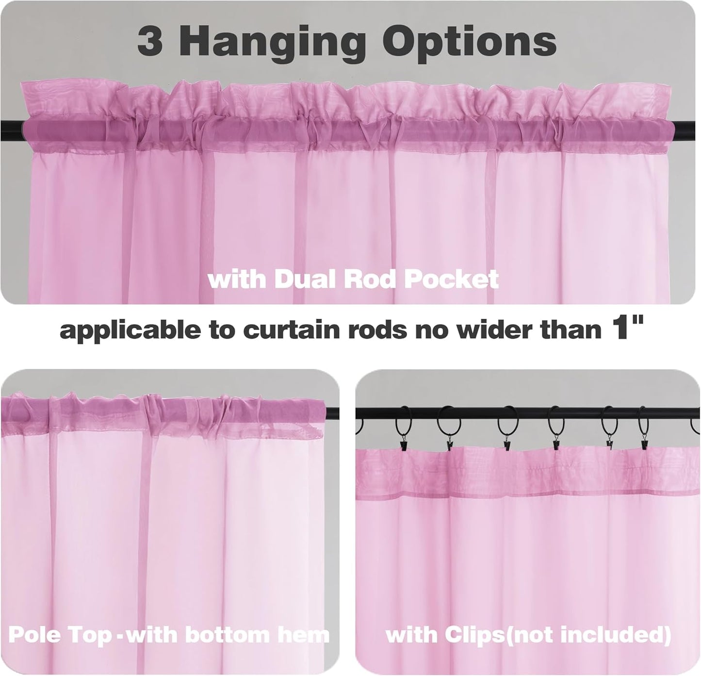 Chyhomenyc Pink Curtains Over Sink 36 Inch Length 2 Panels, Light Filtering Short Rod Pocket Voile Sheer Drapes for Bathroom Living Room Small Windows, Each 42W x 36L inches
