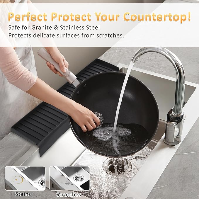 Sink Edge Protector with Suction Cup 4"x20", Silicone Sink Splash Guard for Kitchen & Bathroom, Protect Countertop from Scratches, Stains, for Stainless Steel Granite Quartz-Black
