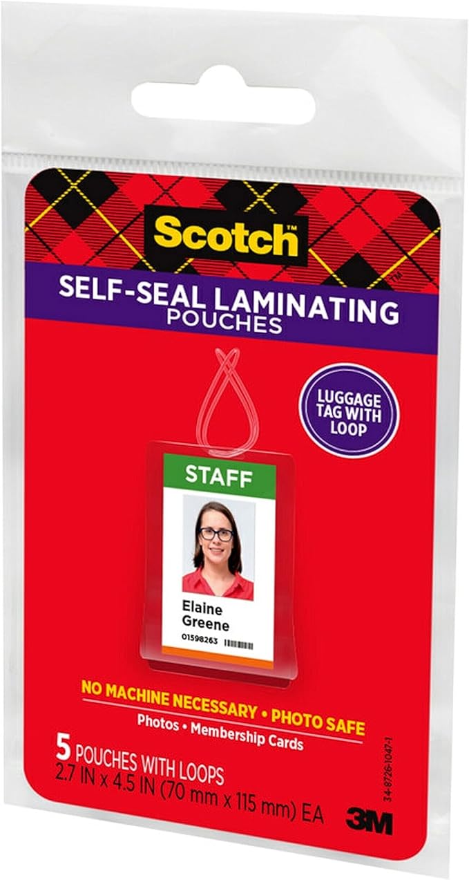3M Scotch Self-Sealing Laminating Pouches, Bag Tags with Loops, Glossy, 5 Pouches (LS853-5G)