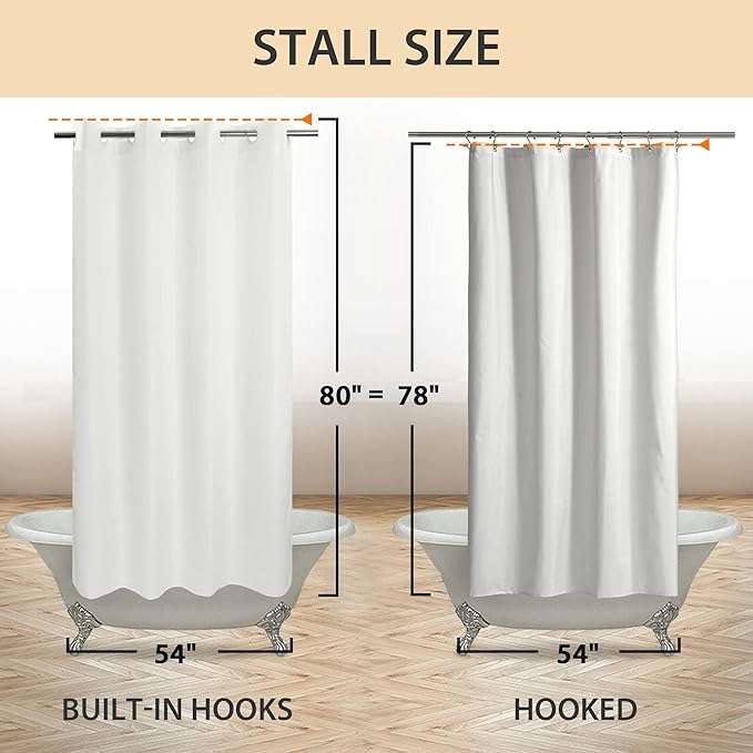 River Dream Stall Size Fabric Shower Curtain No Hooks or Liner Needed - Soft Shower Stall Curtain 54" x 78" Hotel Grade, Waterproof & Machine Washable, White, 54x80