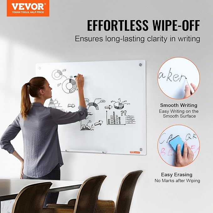 VEVOR Magnetic Glass Writing Board, Erasable 36"x24" Surface, Frameless Design for Wall, Includes Marker Holder, a Cleaning Tool, and 2 Writing Pens, White