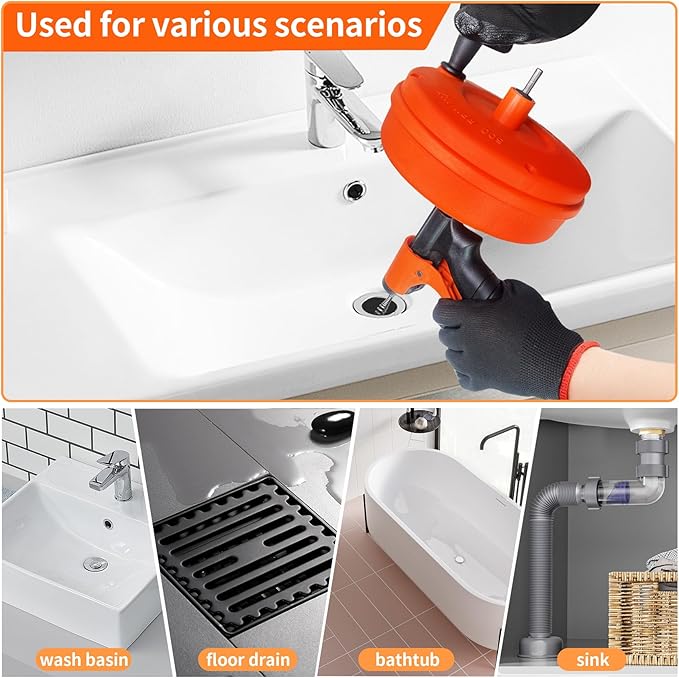 Drain Snake 50 FT, Auger Drain Snake Hair Drain Clog Remover, Plumbing Snake with Drill Attachment and Automatic Retractable Function, Manual or Powered Use for Kitchen, Sink, w/Gloves and Storage Bag