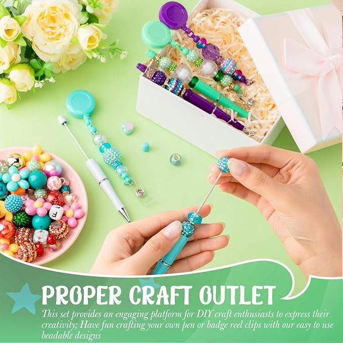 24 Pcs DIY Beadable Kit Include 12 Beadable Ballpoint Pen Black Ink 12 Bead DIY Badge Reel Retractable ID Name with Belt Clip Holder for Nurse Teacher Making Gift Office School Supplies