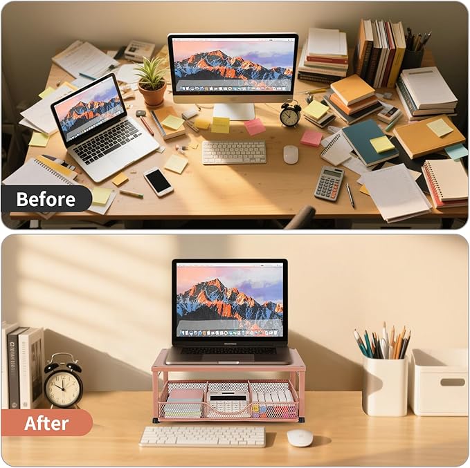 Small Laptop Stand for Desk, Monitor Stand Riser, Office Desk Accessories, Computer Desktop Stand with Drawer for Home, Office, School (Bronze)