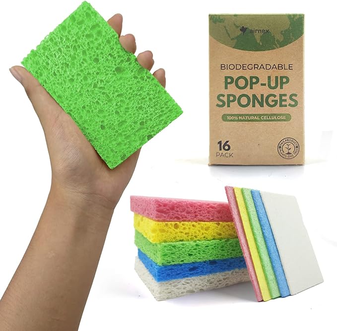 Biodegradable Cellulose Compressed Sponges - Pack of 16 Compostable Kitchen Pop Up Bulk - Non Scratch Multicolor Natural Dish Sponges - Heavy Duty Multipurpose Eco Friendly