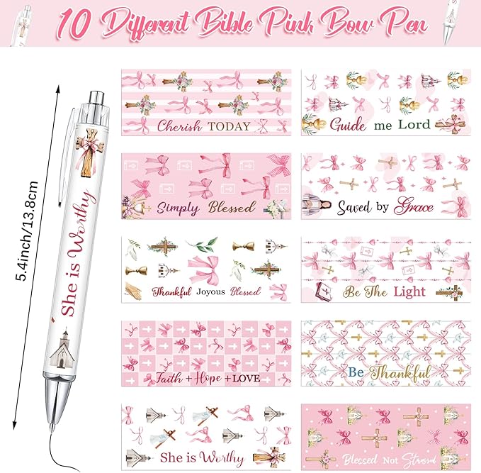 Tinlade 10 Pcs Christian Pens for Women Religious Ink Pens Easter Gifts Inspirational Quotes Bible Verse Ballpoint Funny Office Supplies for Women Men Coworker (Pink Bow)