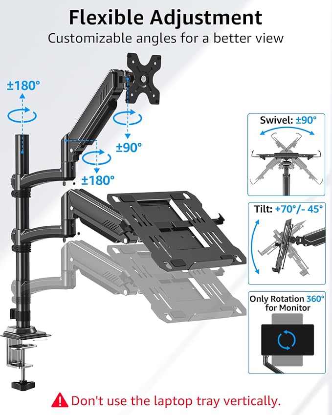 MOUNTUP Laptop and Monitor Desk Mount, Laptop Tray for Max 17" Notebook, Monitors Arm Fits up to 32" Monitor, Laptops Arm Holds 4.4-22lbs, 2-in-1 Tall Laptops Mount with Clamp/Grommet