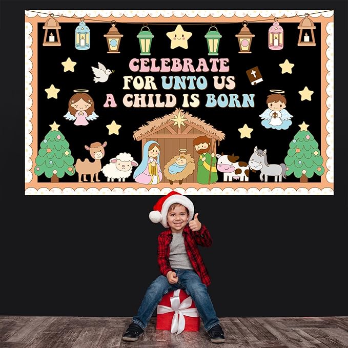 Christian Nativity Religious Bulletin Board Set Christmas Jesus Birth Hippie Classroom Decorations Border Xmas Paper Cutouts for Chalkboard Wall Holiday Christian Church Sunday School Decor