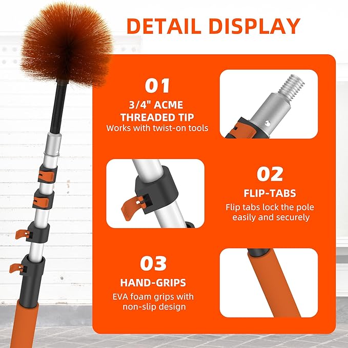 26 FT Cobweb Duster with Extension Pole, Cobweb Duster with 5-20FT Telescoping Extension Pole, Cleans Spider Webs, Washable & Reusable for High Ceilings, Fans & Outdoor & Indoor Cleaning