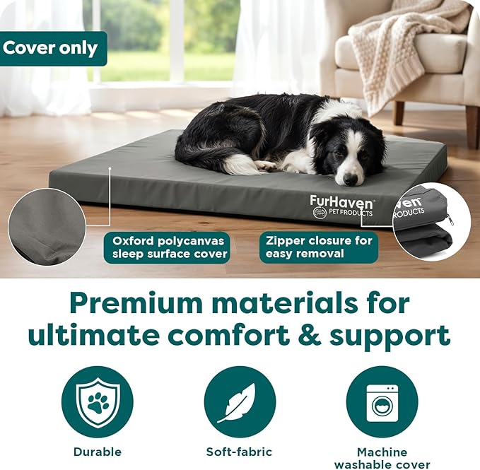 Furhaven Replacement Dog Bed Cover Water-Resistant Indoor/Outdoor Logo Print Oxford Polycanvas Mattress, Washable - Stone Gray, Large