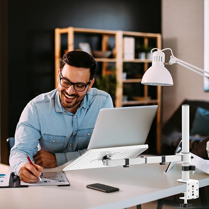 WALI Laptop Desk Mount for 17 inch Notebook, Adjustable Single Monitor Arm with Laptop Holder for 32 inch Screen, Laptops Stand with Ventilated Tray, Up to 22 Lbs, (M00LP-W), White