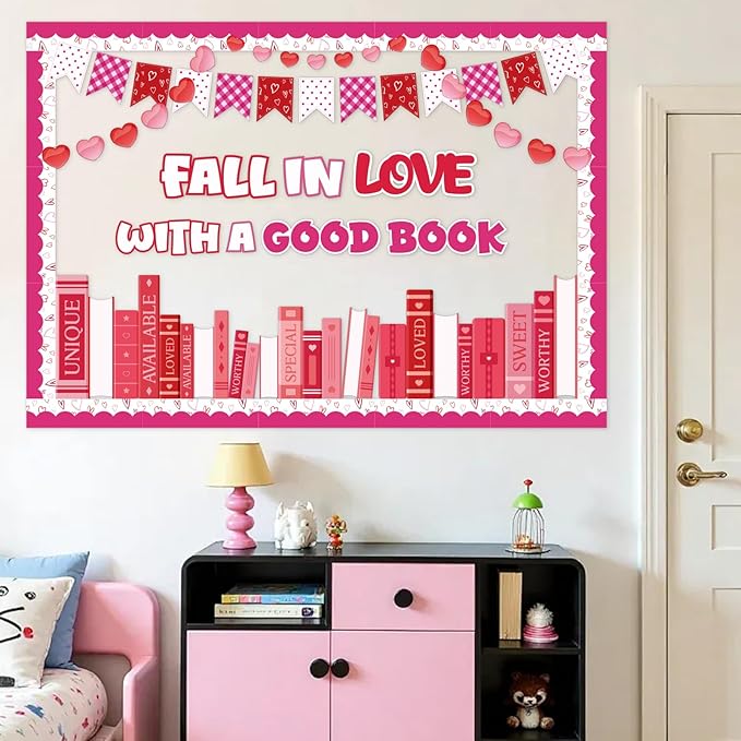 69Pcs Valentine's Day Reading Bulletin Board Decorations, Valentines Library Classroom Bulletin Board Set Heart Book Cutouts Home Window Door Wall February Party Decor for Teacher