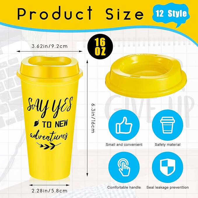 12 Pcs Inspirational Gifts for Employee Coworkers Staff Teammate, 16oz Reusable Plastic Coffee Cups with Positive Sayings, Bundle Gifts for Woman Man Coworker (Bright Color,Inspirational)