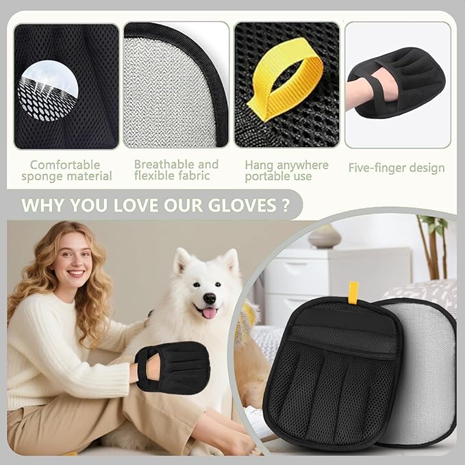 2-Pack Electrostatic Pet Hair Remover Gloves - Reusable Dog & Cat Hair Removal Brush for Furniture,Car Interiors,Bedding and Clothing