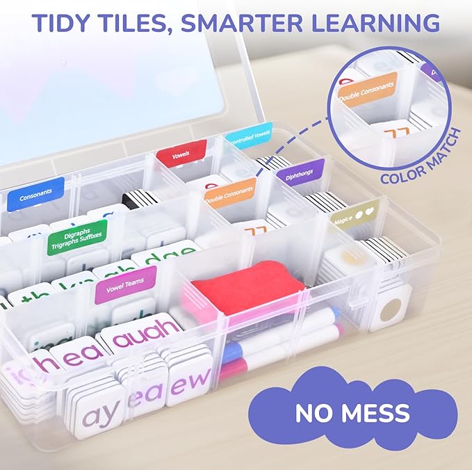JoyCat 265 Phonics Magnetic Letter Tiles with 3 Word Folder - Hooked on Phonics Set Storage Case, Letter Sound Alphabet Letters, Preschool Pre k Classroom Materials