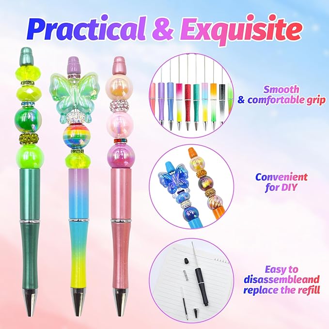 150 Pieces DIY Beadable Pen Kit – 50 Plastic Ballpoint Pens with Refills & Bags – School Supplies, Office Accessories & Decorative Items for Students & Teachers (Gradient Colors)