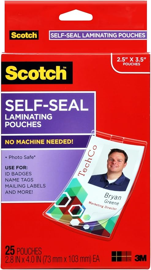 Scotch Self-Sealing Laminating Pouches, ID Badge Protectors Includes Clips, 2.25 Inches x 3.5 Inches, 25 Pouches, Great for Gift Tags