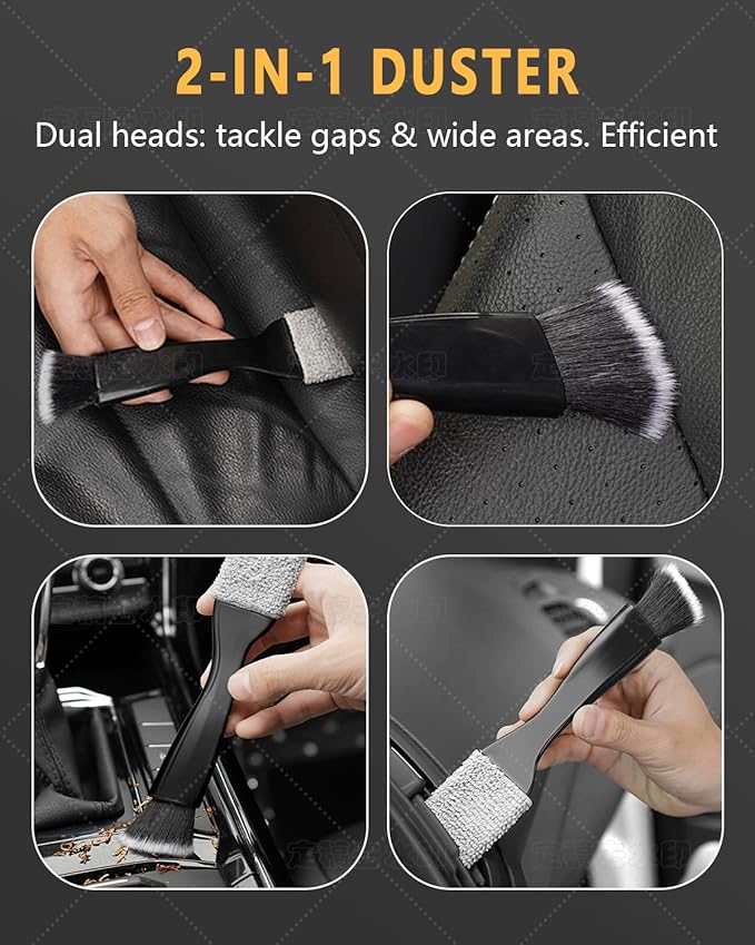 3PCS Car Interior Detailing Kit - 2 Curved Soft Bristle Brushes & 1 Dual-Head Duster | Scratch-Free Dusting for Dashboard, Vents - Fits All Vehicles (Sedans, SUVs, Trucks, ATVs)