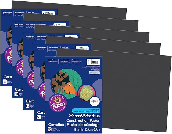 SunWorks® Construction Paper, Black, 12" x 18", 50 Sheets Per Pack, 5 Packs