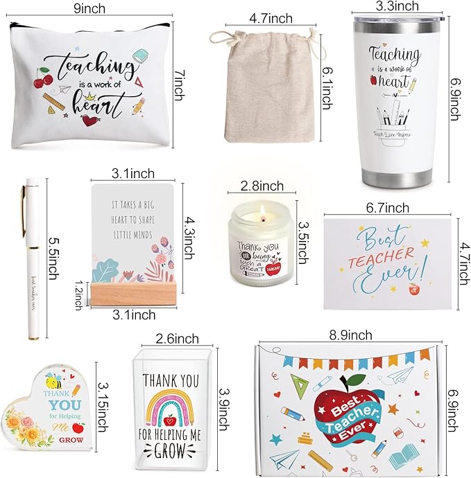 UAREHIBY 10 PCS Best Teacher Appreciation Gifts for Women,20 OZ Wine Tumbler Back to School Gifts for Teachers,Personalized Thank You Basket Box with Cosmetic Bag for New Teacher