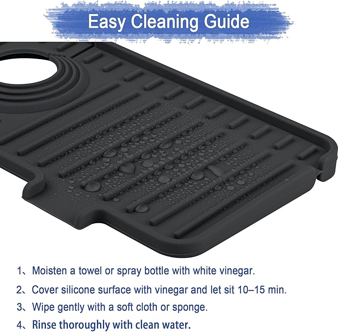 Kitchen Sink Splash Guard, 10° Large Slope & Adaptable Hole Faucet Mat for Kitchen Sink, Silicone Sink Organizer Sponge Holder for Kitchen, Bathroom, RV, Bar, 14.2” x 5.1”, Black