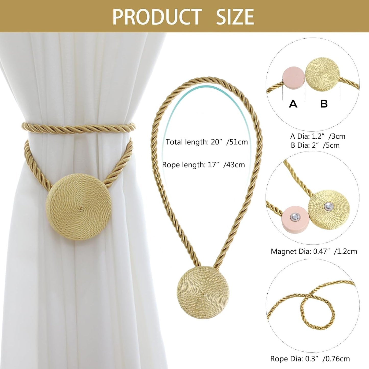 Magnetic Curtain Tiebacks - 12mm Magnetic Tie Backs for Curtains, Heavy Duty No Drill Curtain Holdbacks for Home/Office Windows Drapes, Elegant Gift-Ready Design 7 Colors (4, Gold)